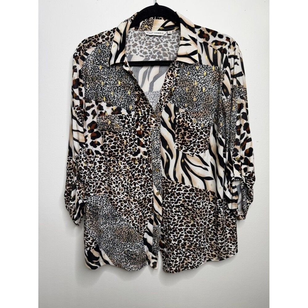 Animal Print Blouse Mixed Leopard Zebra Granny Button Down stretchy silky Top L